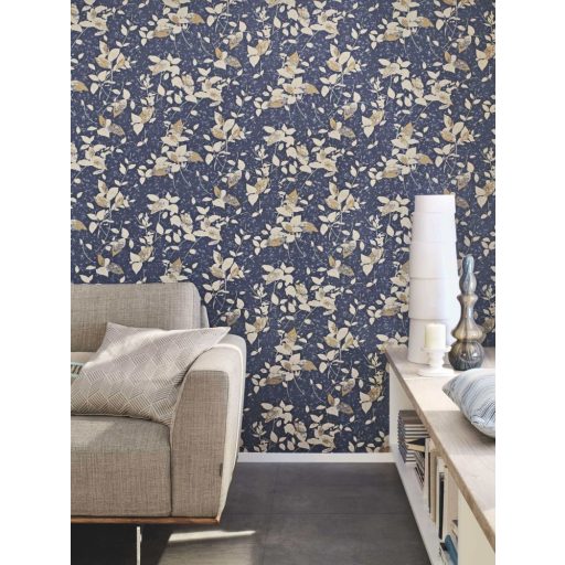 Rasch Uptown 402544  Natur levelek kék bézs arany csillogó mintarészletek tapéta