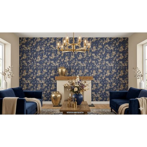 Rasch Uptown 402544  Natur levelek kék bézs arany csillogó mintarészletek tapéta