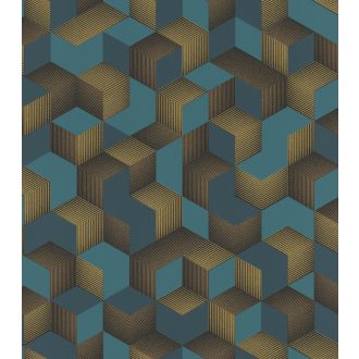   Rasch Denzo 403909 Grafikus 3D kockák halmaza világos és sötét petrol arany fekete tapéta