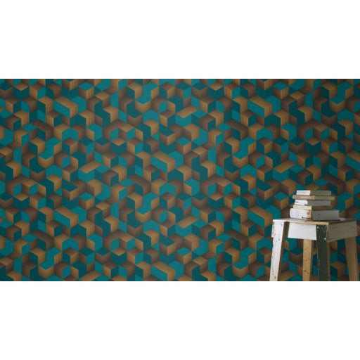 Rasch Denzo 403909 Grafikus 3D kockák halmaza világos és sötét petrol arany fekete tapéta