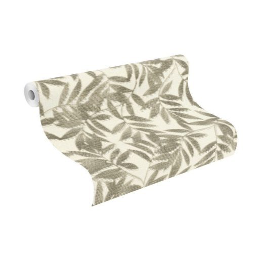 Egyedi nyomtatási technikájú modern levélmintázat textil háttéren krémfehér és szürkészöld tónus tapéta