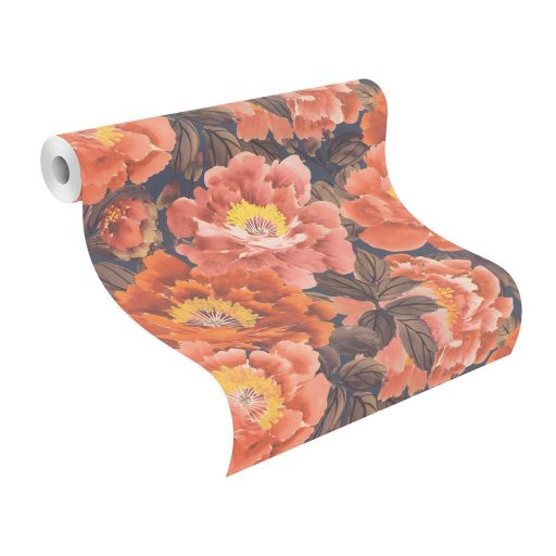 Rasch KIMONO 408348  Natur Virágos "teljes virágzásban" természeti látvány sötérkék barna/zöldesbarna intenzív narancsvörös tapéta