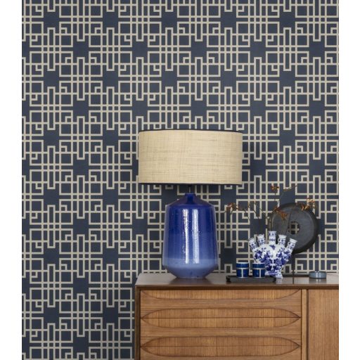 Rasch KIMONO 409253 Etno Grafikus Teaház architektúra textil strutúra indigókék krémfehér vonalak tapéta