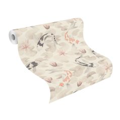   Rasch KIMONO 409420 Natur Koi halak tavirózsa tengeren krémfehér fekete-fehér narancs-fehér kavics szürke világos rózsaszín bézs tapéta