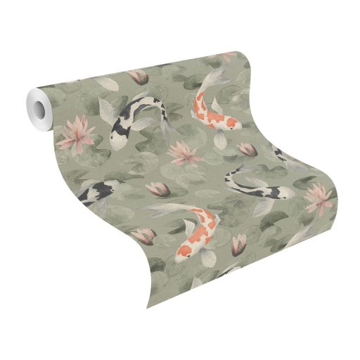 Rasch KIMONO 409437 Natur Koi halak tavirózsa tengeren világoszöld narancs-fehér fekete-fehér halvány rózsaszín zöld tapéta