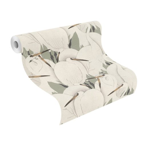 Rasch KIMONO 409543 Natur Darumadár kolónia szövetstruktúra halványzöld alap gyöngyházfehér tollazat barna fekete tapéta