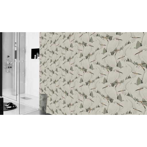 Rasch KIMONO 409543 Natur Darumadár kolónia szövetstruktúra halványzöld alap gyöngyházfehér tollazat barna fekete tapéta