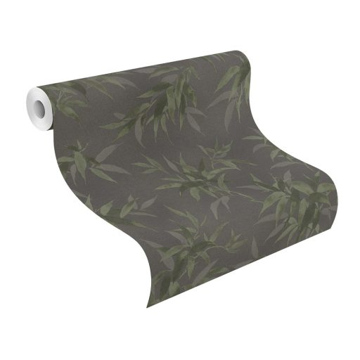 Rasch KIMONO 409772 Natur Dekoratív bambusz levelek textilstruktúra antracitszürke zöld és szürke tapéta