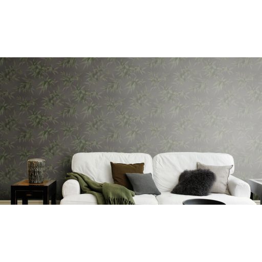 Rasch KIMONO 409772 Natur Dekoratív bambusz levelek textilstruktúra antracitszürke zöld és szürke tapéta