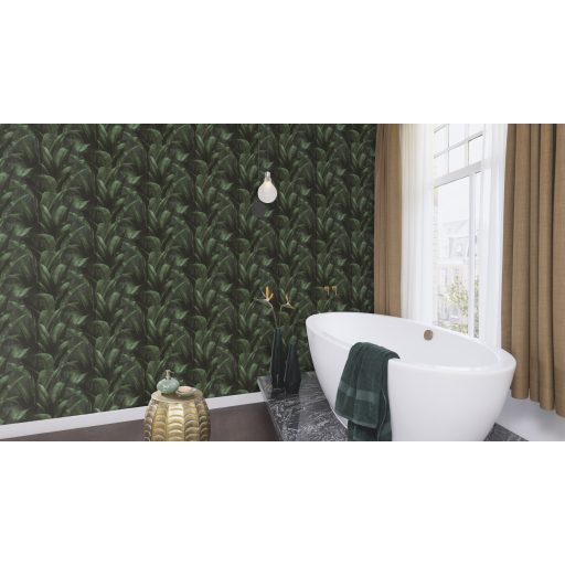 Buja zöld pálmalavelek lenyűgöző 3D látványvilággal sötét smaragd mély olívzöld és sötétszürke/antracit tónus tapéta