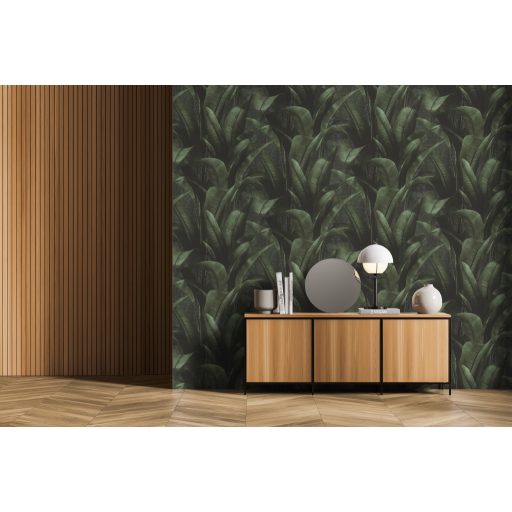 Buja zöld pálmalavelek lenyűgöző 3D látványvilággal sötét smaragd mély olívzöld és sötétszürke/antracit tónus tapéta