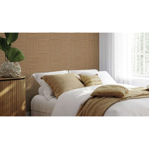 Ahol a fa és a geometria találkozik meleg homokbézs és sötétbarna tónus tapéta