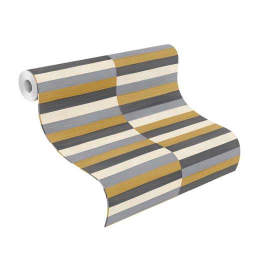 Rasch CLUB 418729 Natur Varrott csíkos csillogó angolna bőrére emlékeztető minta/struktúra krémfehér okkersárga kavics szürke angracit tapéta