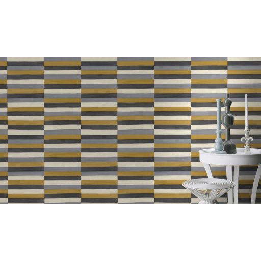 Rasch CLUB 418729 Natur Varrott csíkos csillogó angolna bőrére emlékeztető minta/struktúra krémfehér okkersárga kavics szürke angracit tapéta