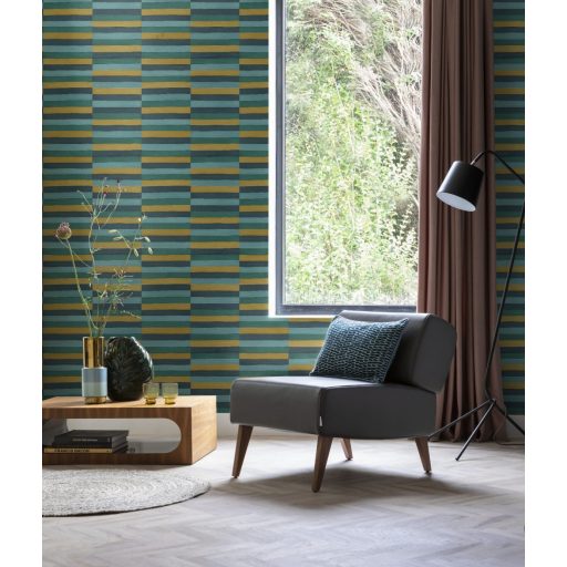 Rasch CLUB 418736 Natur Varrott csíkos csillogó angolna bőrére emlékeztető minta/struktúra okkersárga pasztell türkiz vízkék benzinkék tapéta