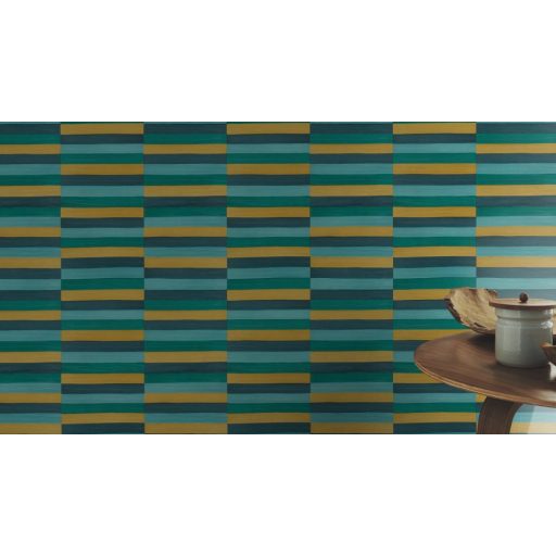 Rasch CLUB 418736 Natur Varrott csíkos csillogó angolna bőrére emlékeztető minta/struktúra okkersárga pasztell türkiz vízkék benzinkék tapéta