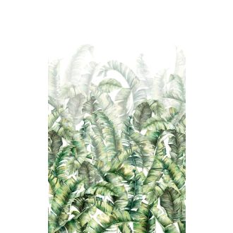   Burjánzó banánlevelek háromdimenziós akvarell panorámája élénk zöld fehér kékeszöld és halvány szürke tónus falpanel
