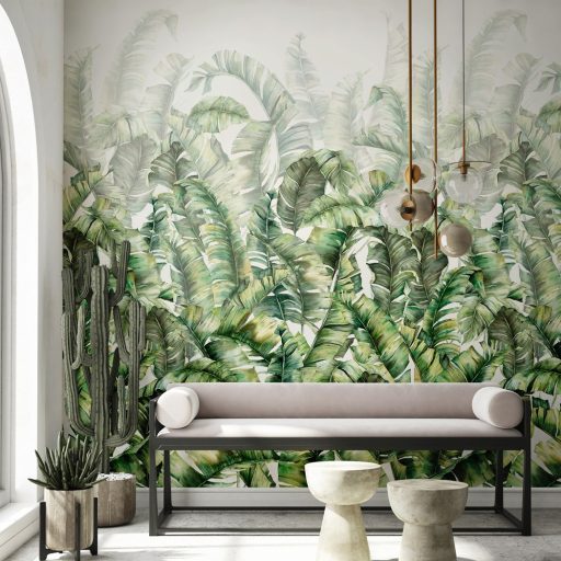 Burjánzó banánlevelek háromdimenziós akvarell panorámája élénk zöld fehér kékeszöld és halvány szürke tónus falpanel