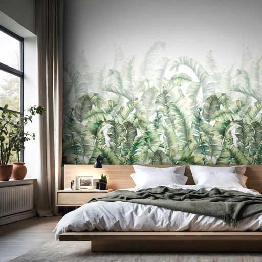 Burjánzó banánlevelek háromdimenziós akvarell panorámája élénk zöld fehér kékeszöld és halvány szürke tónus falpanel