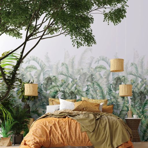Burjánzó banánlevelek háromdimenziós akvarell panorámája élénk zöld fehér kékeszöld és halvány szürke tónus falpanel