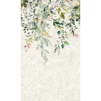   Akvarell könnyedség antik vakolat nyers textúrán - dús aláhulló levélkoszorú krémfehér zőld szürkéskék és rózsaszín tónus falpanel