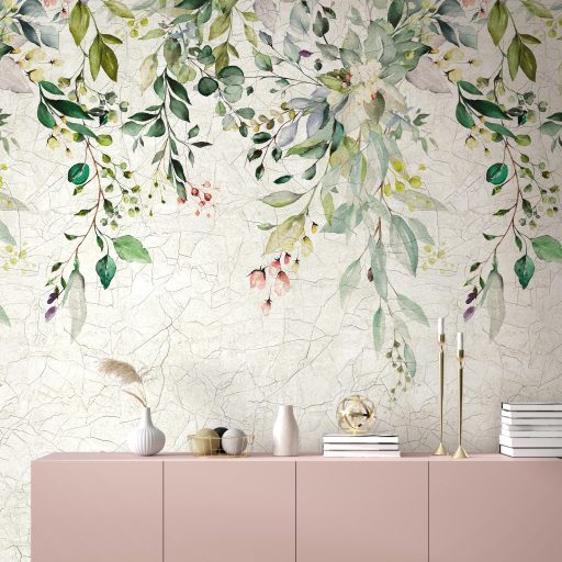 Akvarell könnyedség antik vakolat nyers textúrán - dús aláhulló levélkoszorú krémfehér zőld szürkéskék és rózsaszín tónus falpanel