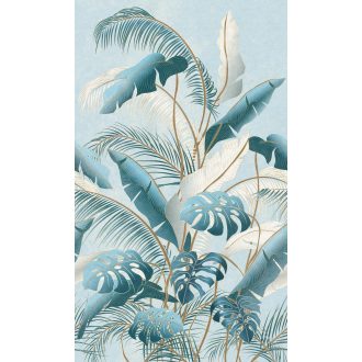   Banánlevelek pálmaágak és monstera találkozása a dzsungelben halvány kékeszöld mély petrolkék krémfehér és arany tónus falpanel