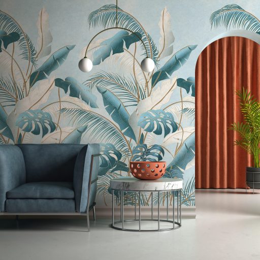 Banánlevelek pálmaágak és monstera találkozása a dzsungelben halvány kékeszöld mély petrolkék krémfehér és arany tónus falpanel