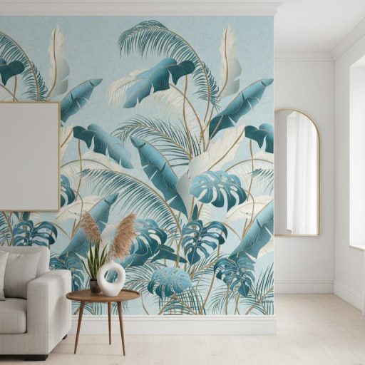 Banánlevelek pálmaágak és monstera találkozása a dzsungelben halvány kékeszöld mély petrolkék krémfehér és arany tónus falpanel