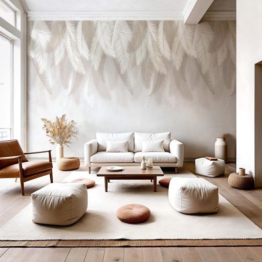 Tónusról tónusra halványodó aláhulló pálmalevelek krém homokbézs és fehér tónus falpanel