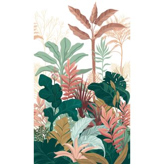   Gazdag trópusi illusztráció - monstera és banánlevelek torlódnak egymásra krém sötétzöld rózsszín barna és mályva tónus falpanel