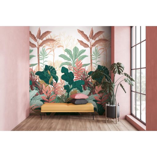 Gazdag trópusi illusztráció - monstera és banánlevelek torlódnak egymásra krém sötétzöld rózsszín barna és mályva tónus falpanel