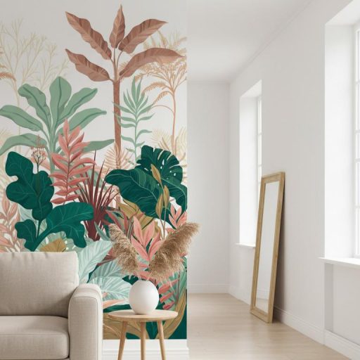 Gazdag trópusi illusztráció - monstera és banánlevelek torlódnak egymásra krém sötétzöld rózsszín barna és mályva tónus falpanel