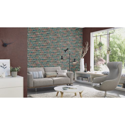 Rasch Factory IV 428070 Natur/Ipari design meszelt érdes felületű téglafal szürke kék zöld rozsdavörös tapéta