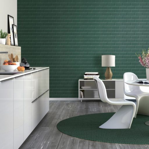 Sötét fenyőzöld 3D metrocsempe minta fehér fúgával tapéta