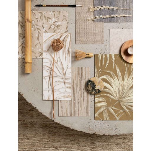 Vizuális meditáció - vékony függőleges szálakból álló finom szövésminta homokszín dohánybarna tejeskávé és arany/okker tónus tapéta