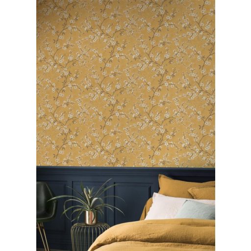 Rasch Denzo II 456721 Natur virágos varázslatos cseresznyevirágzás textilstruktúra okkersárga barna krém bézs fényes arany kihúzások tapéta