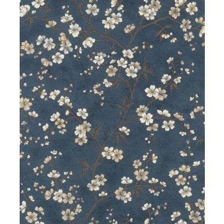 Rasch Denzo II 456738 Natur virágos varázslatos cseresznyevirágzás textilstruktúra sötétkék barna krém bézs fényes arany kihúzások tapéta