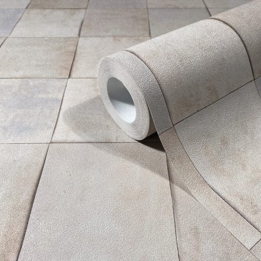 Rusztikus egyben rendet és ritmust teremtő mozaikminta halvány bézs szürke és szürkéskék tónus tapéta