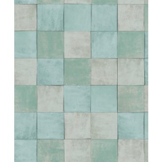  Rusztikus egyben rendet és ritmust teremtő mozaikminta törtfehér szürkéskék zöld türkíz és vízzöld tónusok tapéta