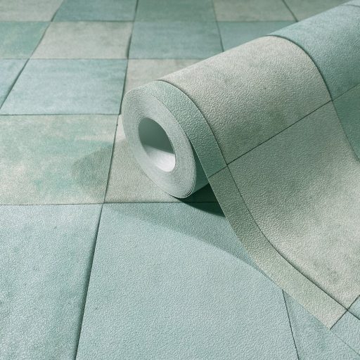 Rusztikus egyben rendet és ritmust teremtő mozaikminta törtfehér szürkéskék zöld türkíz és vízzöld tónusok tapéta