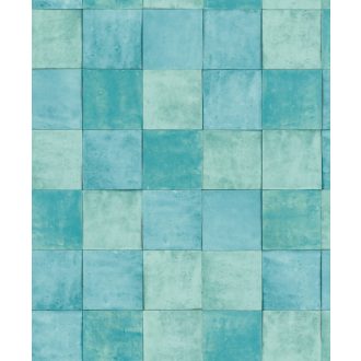   Rusztikus egyben rendet és ritmust teremtő mozaikminta kék zöld kékeszöld és türkiz tónus tapéta