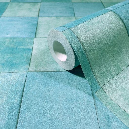 Rusztikus egyben rendet és ritmust teremtő mozaikminta kék zöld kékeszöld és türkiz tónus tapéta