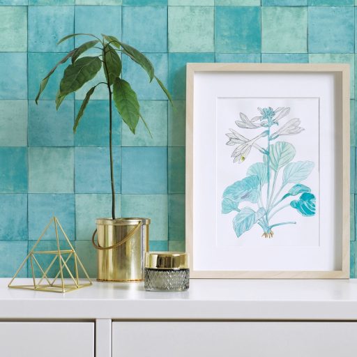 Rusztikus egyben rendet és ritmust teremtő mozaikminta kék zöld kékeszöld és türkiz tónus tapéta