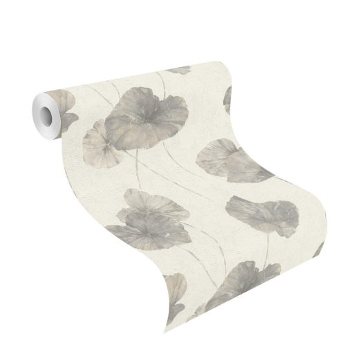 Rasch Andy Wand 458213 Natur Tavirózsa levelek vakolt fal háttér krémfehér szürke galambkék ezüstös csillogás tapéta