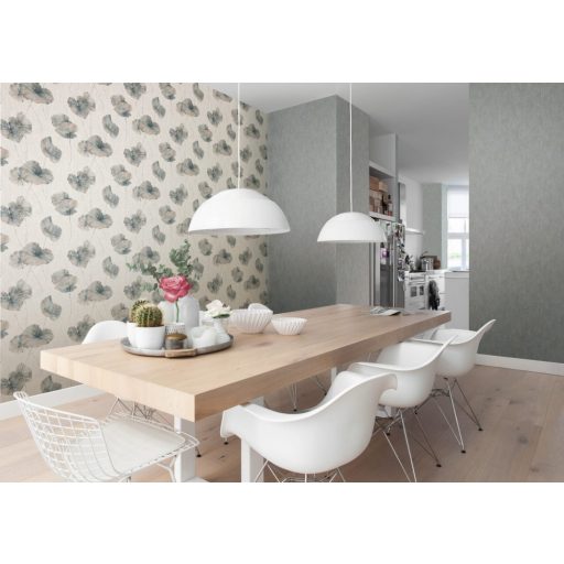 Rasch Andy Wand 458220 Natur Tavirózsa levelek vakolt fal háttér krémfehér szürke benzinkék aranyszínű csillogás tapéta