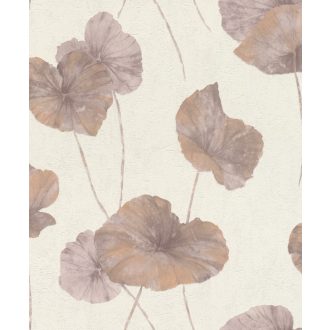   Rasch Andy Wand 458237 Natur Tavirózsa levelek vakolt fal háttér krémfehér bordó pasztell ibolya csillogó rézszín tapéta