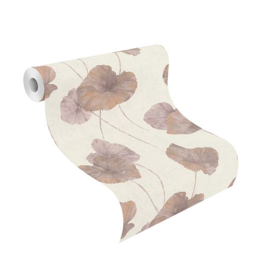 Rasch Andy Wand 458237 Natur Tavirózsa levelek vakolt fal háttér krémfehér bordó pasztell ibolya csillogó rézszín tapéta