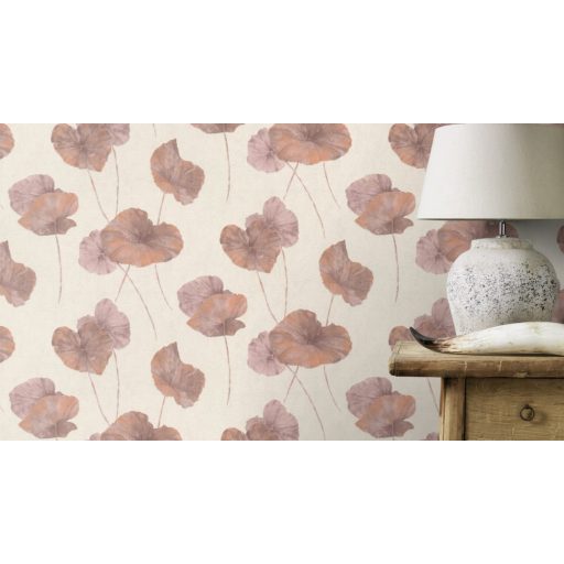 Rasch Andy Wand 458237 Natur Tavirózsa levelek vakolt fal háttér krémfehér bordó pasztell ibolya csillogó rézszín tapéta