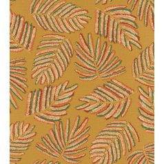   Rasch Zoya 461626 Natur Stilizált levélzetű ágak textil háttéren mézsárga fehér üvegzöld korall gránátalma vörös tapéta